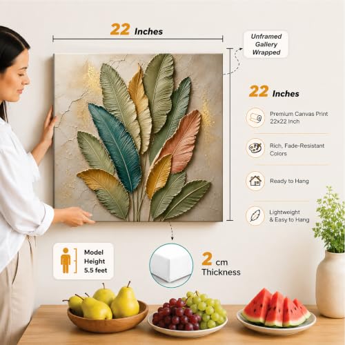 Image of PAINTINGMANTRA Textured Embossed Floral Leaf Canvas Wall Art Painting for wall decoration, Multi-Color Feather & Leaf Motifs Stretched Canvas Painting for Living room, bedroom, Home and office, 22x22 Inch