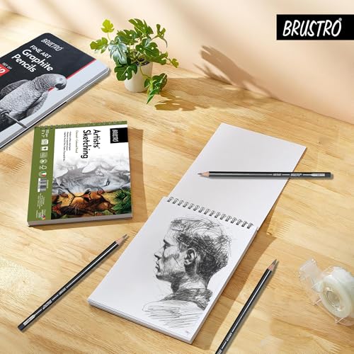 Image of Brustro Drawing & Sketching Wiro Pad,5x7 inches,160 GSM,30 Sheets with Graphite Pencil Set of 12 (10B-2H) Tin Box. Sketch and Gift
