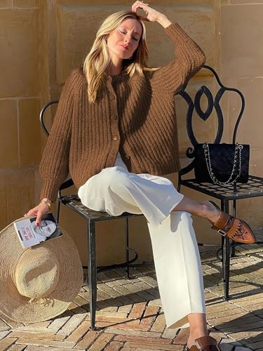 YKR Womens Fall Cardigan Sweater Long Sleeve Chunky Knit Open Front Button Loose Casual Cardigan Coat Brown L3