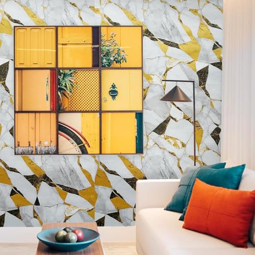 Image of Self Adhesive Marble Wallpaper Kitchen Oil Proof & Waterproof Wallpaper for Cabinet Makeover, Almirah, Plastic & Tabletop, Wardrobe (60x200cm) (New White Gold Blocks)