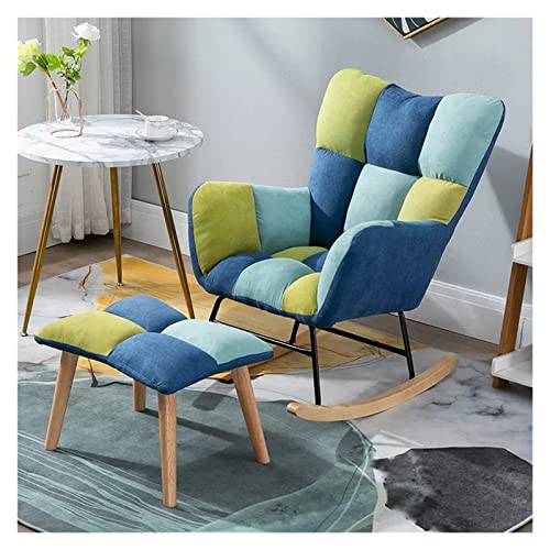 WIGSELBL Mecedoras de lactancia Sillón con taburete de tela de peluche de mediados de siglo, silla mecedora acolchada, silla de descanso para sala de estar, dormitorio, oficina, guardería (color: azul