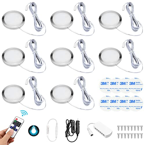 CECOMBINE 8Pcs Interior LED Spot Lights 12V Roof Spot Universal Dimmable Positive White Lighting with Splitter Adapter & Wireless RF Remote for T4 T5 Camper Van Caravan Motorhome