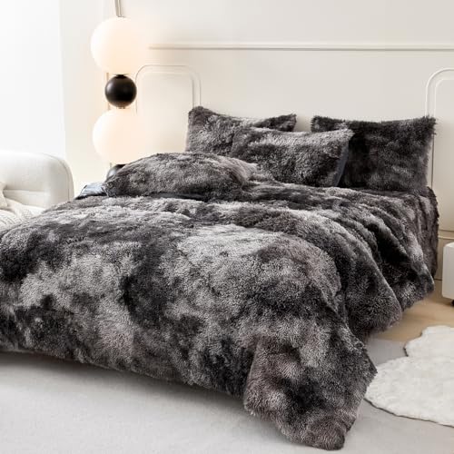 PERFEMET 3 Pcs Dark Grey Plush Comforter Set Queen Size Long Hair Faux Fur Tie Dye Bed Set for Women Adults Super Soft Cozy Fluffy Fuzzy Shaggy Bedding Sets(Dark Grey, Queen)