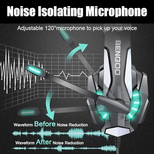 BENGOO G9000 Stereo Gaming Headset for PS4 PC Xbox One PS5 Controller, Noise Cancelling Over Ear Headphones with Mic, LED Light, Bass Surround, Soft Memory Earmuffs for Laptop Mac - Black