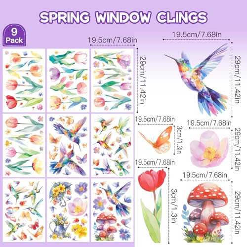 Fensterbilder Frühling, 9 Blatt Blumen Vögel Fenstersticker Frühling Selbstklebend Fensteraufkleber Wiederverwendbar Fensterfolie Beidseitig Fenster Sticker, für Kinderzimmer Küche Sommer Fensterdeko
