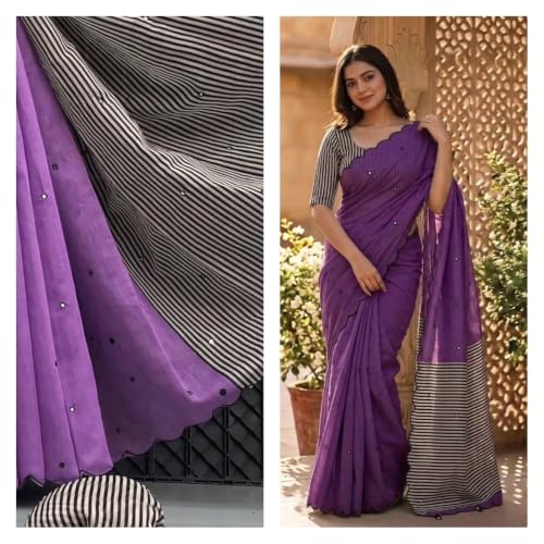 Image of Linen Cotton Saree with Black Mirror Work