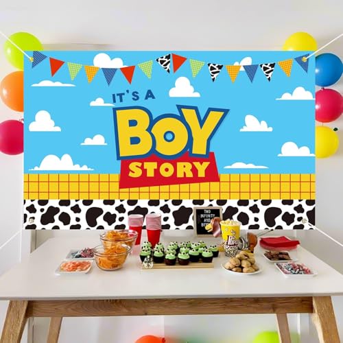 Image of Boy Story Baby Shower Decorations Backdrop Banner,It's A Boy Stroy Large Size 3 x 5Ft Toy Cloud Backdrop Banner Decor