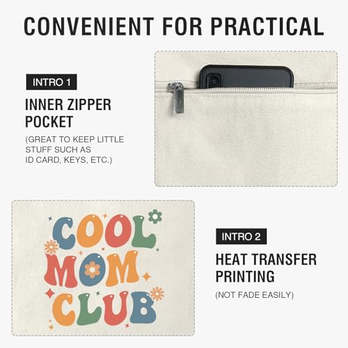 Image of XIKAINUO Mothers Day Gifts from Daughter Son, Cool Mom Club Canvas Tote Bag Shopping Bag with Zipper for Women Mother Birthday Christmas, Best Mom Ever Gifts Handbag Mom
