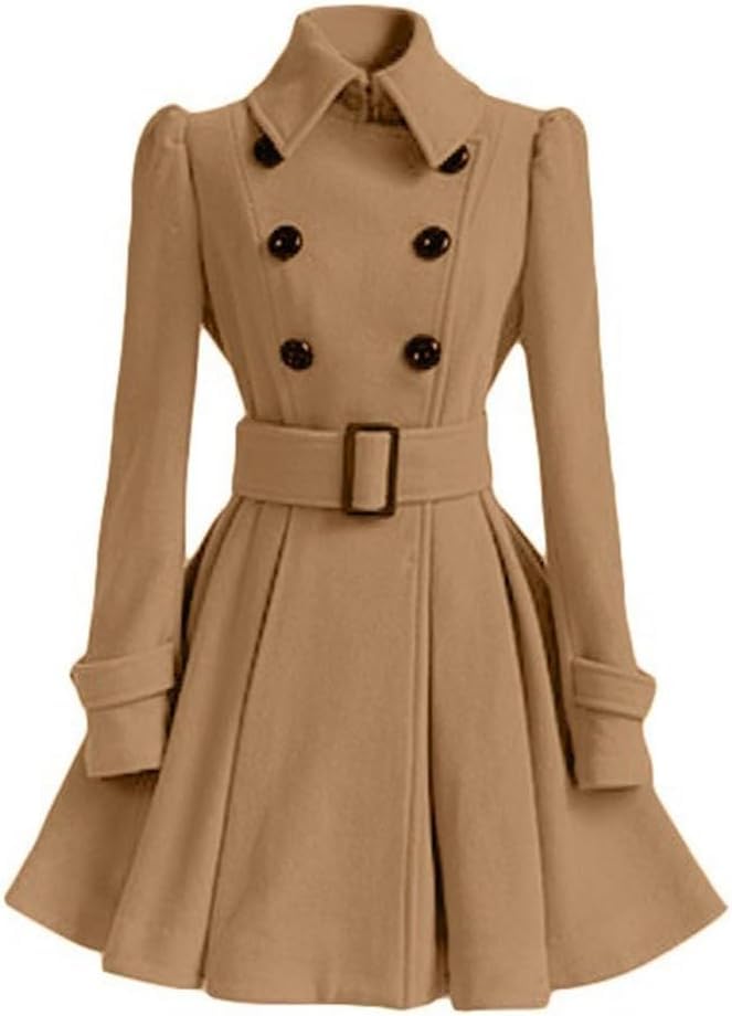 Juankrynord Abrigo de mujer de invierno de moda casual irregular Solapa de doble botonadura gruesa A-line guisante abrigo con cinturón Ligero abrigo de doble botonadura trinchera Slim fit (Caqui,XXL)
