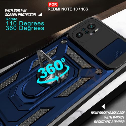 Image of Armor Bumper Back Cover Case for Redmi Note 10 / 10S Rotating Camera Cover, Ring Holder & Kickstand | Heavy Duty & 360 Degree Protection Redmi Note 10 / 10S Back Cover (Blue).