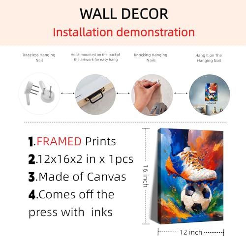 Image of Frimeeme Framed Soccer Canvas Decor & Wall Art, 12 inchX16 inchIn | for Modern Artwork Home Decor Bedroom Boys Room Teen Kids Playroom,Ready To Hang