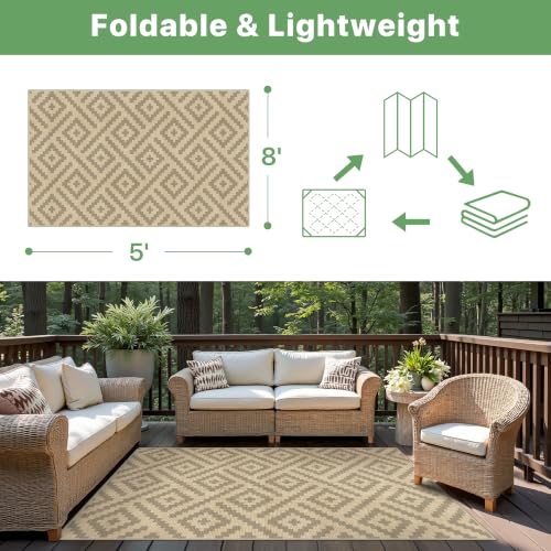 Image of GENIMO Outdoor Rug, Waterproof Plastic Rugs for Patio, 5'x8' Oat Beige