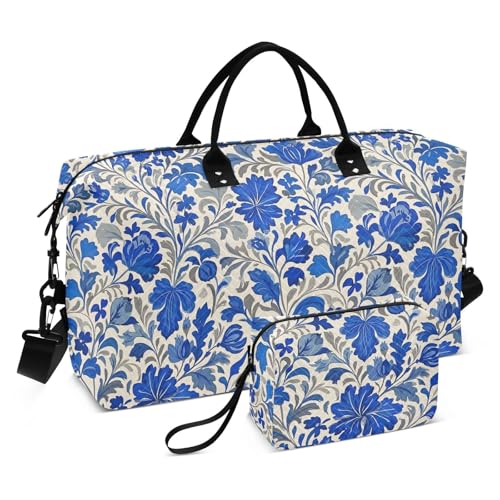 Travel Duffel Bag Trendy Retro Floral Grey Blue Workout Bag with Toiletry Bag for Gym 2 Pcs Set bolsas para
