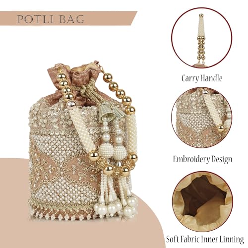 Image of Nevis Silk Fabric Luxury Pearl Embroidered Potli Bag for Women | Bridal Ethnic Drawstring Clutch with Beaded Handle Wedding | Potli Bag