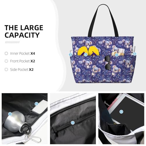 Large Beach Bags for Women Sandproof - Cute Koala Night Print Summer Travel Work Tote Bags with Zipper3