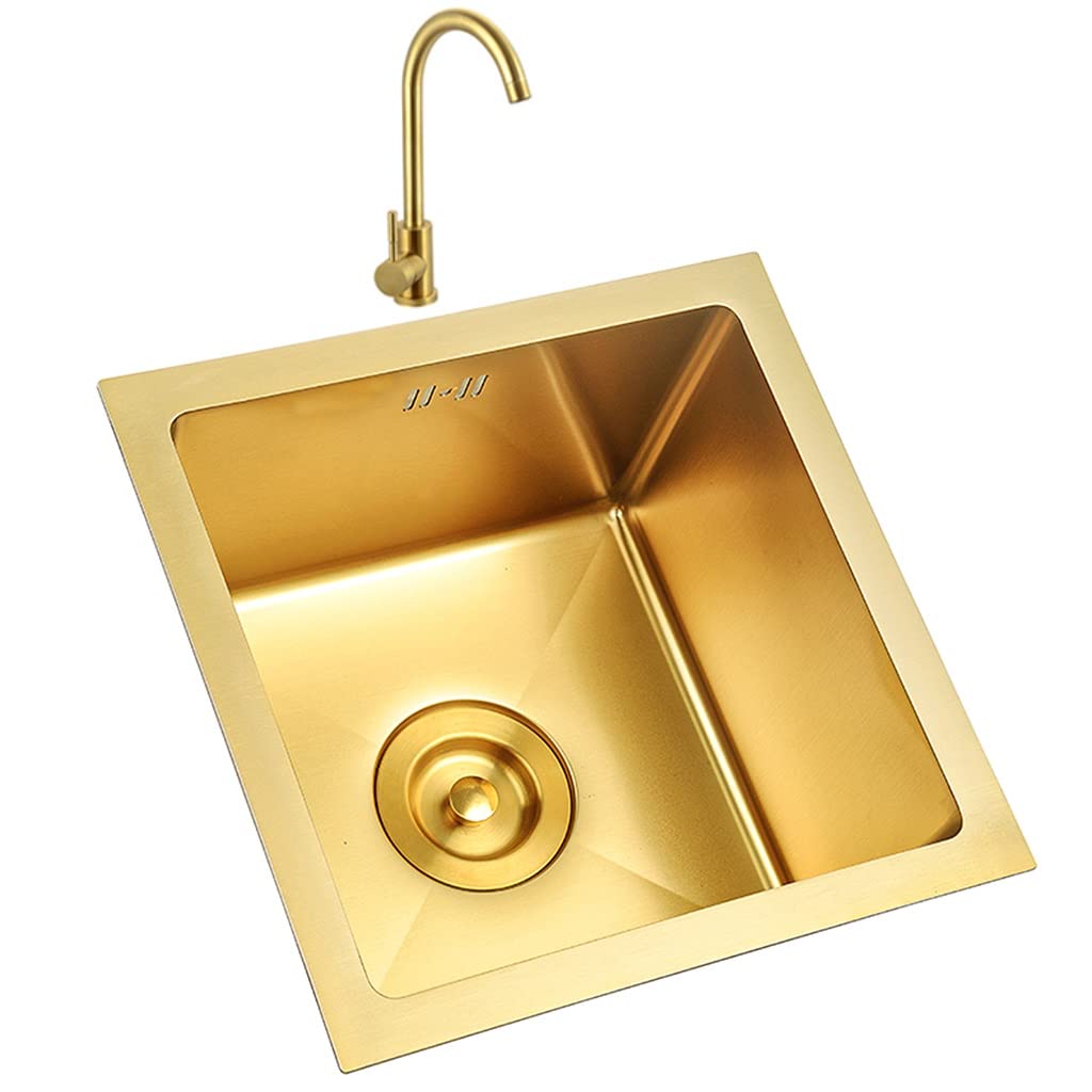 ZQFHSX Kitchen Sinks, With Round Tap Golden Square ​Single Bowl ​Bar Prep Sink, 304 Stainless Steel, Drop-In Or Undermount Installation (Color : Gold, Size 36x36cm)