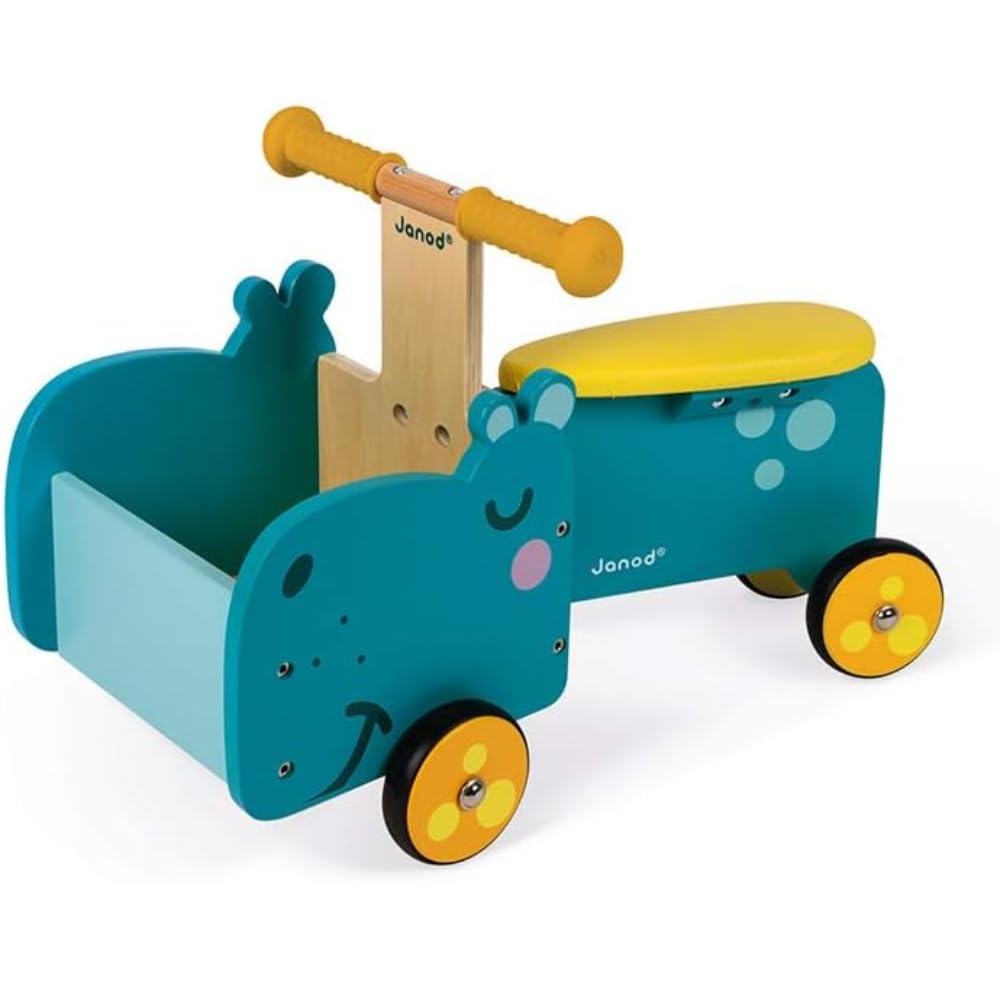 Janod - Cavalcabile per Bambini in Legno Ippopotamo - Maniglie Ergonomiche e Ruote Silenziose - Scomparto per Riporre - Apprendimento dell'equilibrio - A Partire dall'anno, J08003, Blu e Giallo