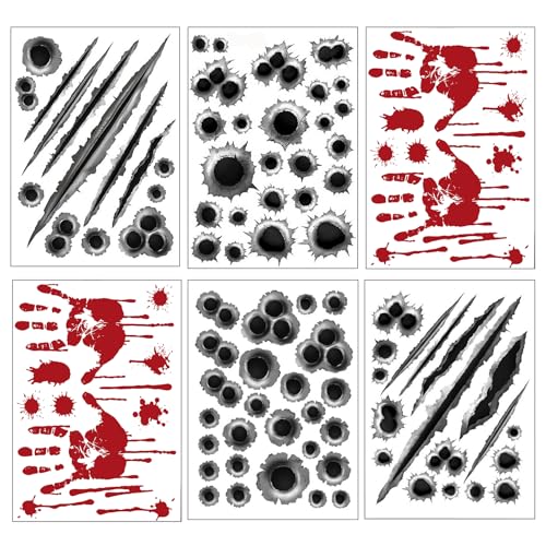 6 PCS Autocollants de Voiture,Trou de Balle Sticker Autocollant Vinyle Automobile Extérieure Décorations de Voiture Accessoires Decal Sang Sticker pour SUV...
