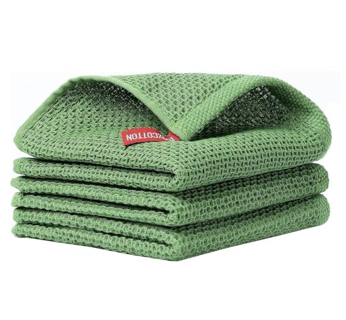 Image of Cotton Kitchen Dish Cloths, 3 Pack Super Absorbent and Lint Free Waffle Weave Dish Towels, Fast Drying Dish Rags for Washing Dishes, 13.4 X 13.4 Inch, Black (Green, Pack of 3)