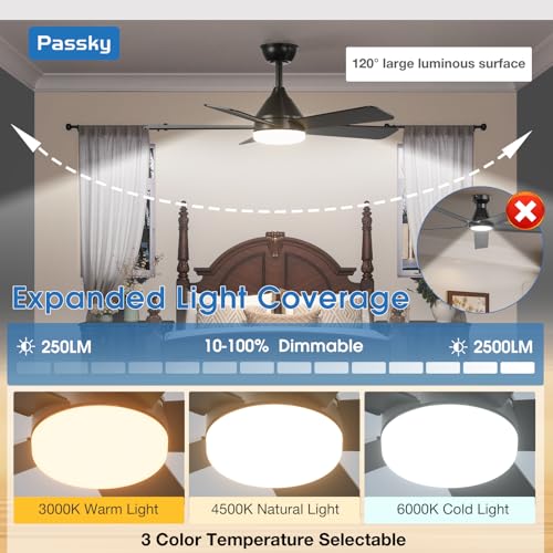 Image of Passky Ceiling Fans with Lights, 42 inch Sleek Ceiling Fan with Light and Remote Control, 3CCT, Dimmable, Reversible, Noiseless, Black Ceiling Fan for Bedroom, Living Room