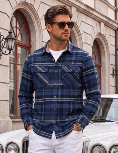 Image of Cotrasen Mens Flannel Shirts Cotton Plaid Button Down Shirt | Long Sleeve, Corduroy Collared, Soft,Breathable, Work, Western, Trendy, Casual Classic Flannel Shirt with Pocket