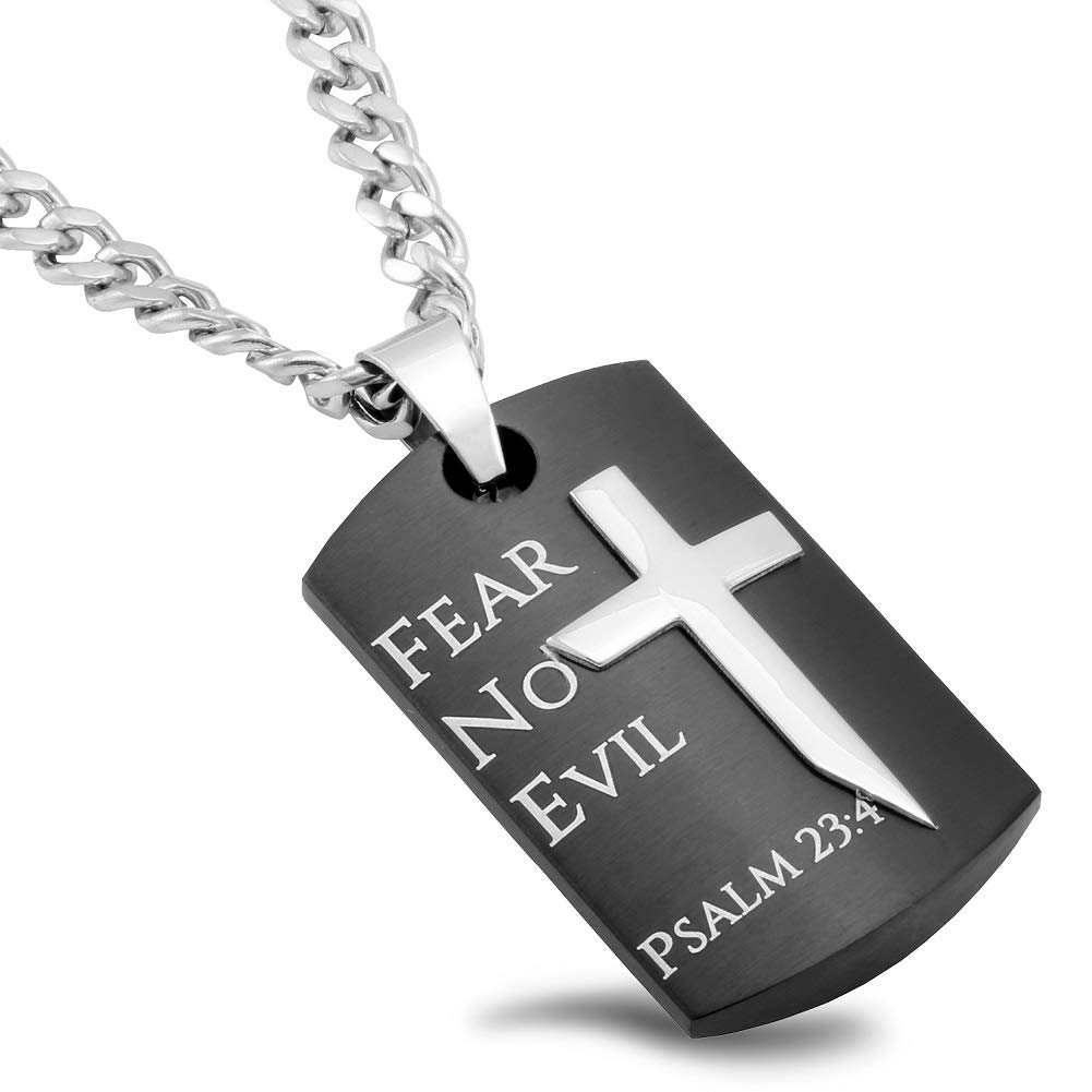 Spirit & Truth Fear No Evil Guardian Shield Cross Stainless Steel Necklace with High Polished Angle Cross Embedded into the Padlock Pendant on Curb Chain Psalm 23:4