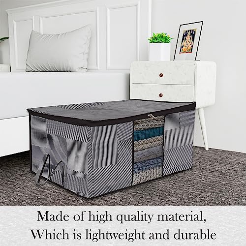 Image of Kuber Industries Non-Woven Underbed Storage Bag|Clothes Storage Organizer|Blanket Cover With Clear Window|Zipper Closure&Handle Cloth Organizer|Lining-Design|Large|Pack Of 4|Gray,32 Cm,48Cm,Black