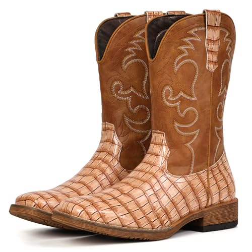 Image of IUV Cowboy Boots For Men Western Caiman Tail Print Wide Fashionable Boots