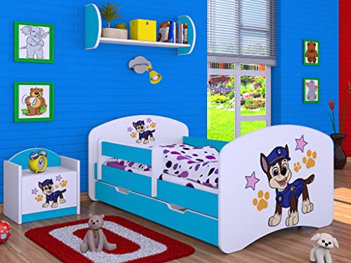 Happy Babies Kinderbett - mit Rausfallschutz Junge 140x70 Bett für Kinderzimmer mit Schublade & Matratze Einzelbett für Kinder Weiß/Blau Hundemotiv Police (Blau) Happy Babies Kinderbett - mit Rausfallschutz Junge 140x70 Bett für Kinderzimmer mit Schublade & Matratze Einzelbett für Kinder Weiß/Blau Hundemotiv Police (Blau)
