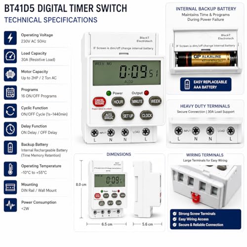 Image of BlackT Electrotech BT41D5 Digital Timer Switch 30A, 230V | Programmable Timer with 24 ON /Off Programs, Cyclic & Manual Start /Stop Delay | for Geyser, Water Pump, Lights, and Motors