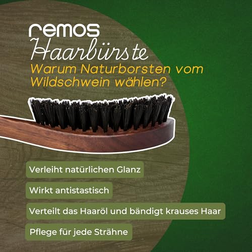 REMOS Haarbürste mit 100% Wildschweinborste aus Nussbaumholz mit breitem Griff