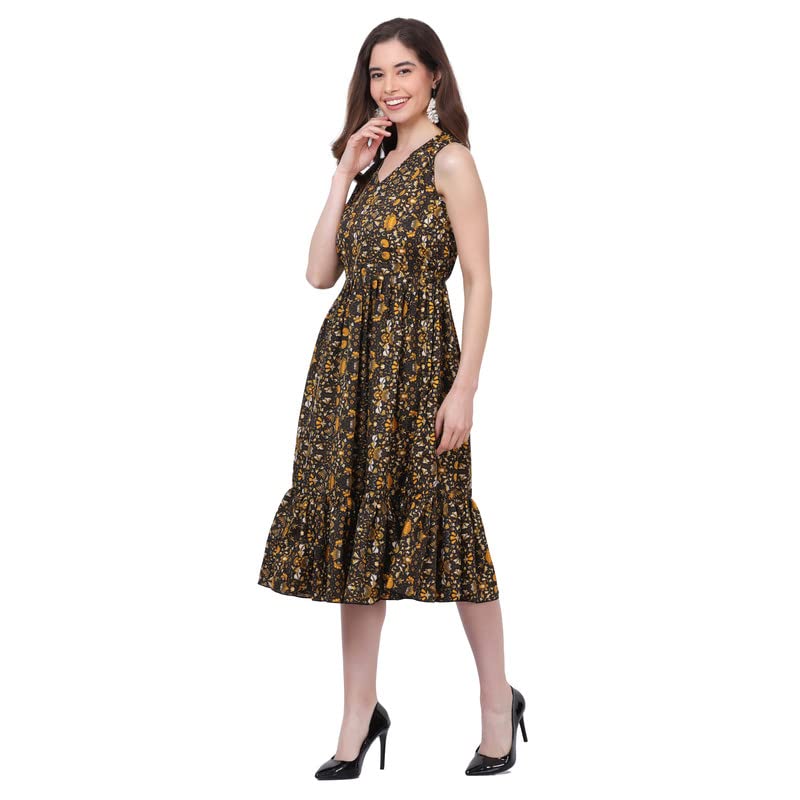 Image of Women's Crepe A-Line Knee Length Dress | Western Sleeveless Dress for Girls | Flared Frock | Frill Midi | Knee Gown