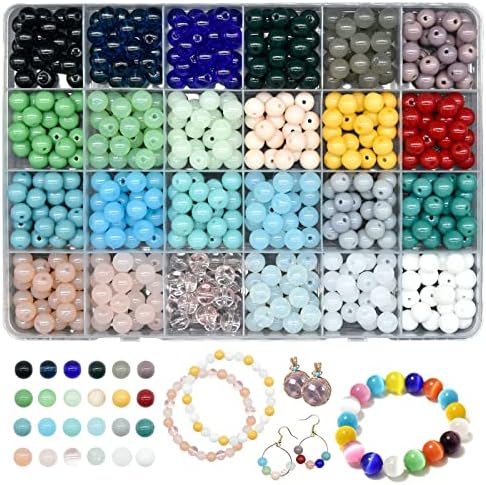 KOTHER 600PCS Glass Beads for Jewelry Making, 8mm DIY Gemstone Crystal Beads Bracelet Making Kit Healing Chakra Beads, 24 Color Round Gemstone Beads Suitable for Beginners