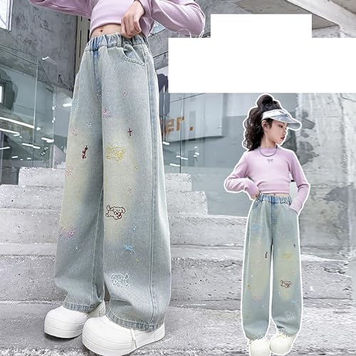 Girls Baggy Wide Leg Jeans Cute Pattern Y2K Streetwear Denim Pants High Elastic Waisted Casual Loose Jeans with Pockets3
