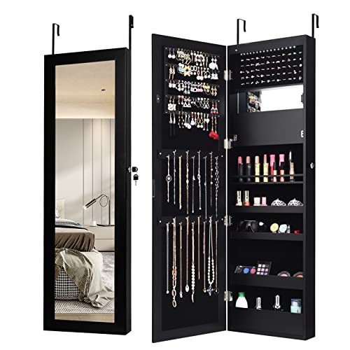 COSTWAY Armoire à Bijoux Murale avec Miroir 12 LED, Meuble de Rangement Verrouillable Pleine Longueur, Organisateur de Bijoux avec Étagères de Rangement,...