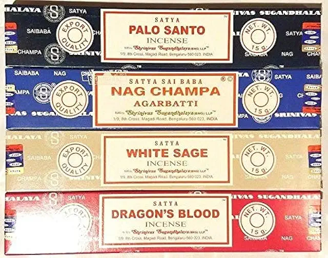 Lot de 4 boîtes d'encens Nag Champa, Palo Santo, Dragon, Sauge Blanche - Bâtons d'encens