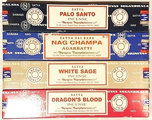Lot de 4 boîtes d'encens Nag Champa, Palo Santo, Dragon, Sauge Blanche