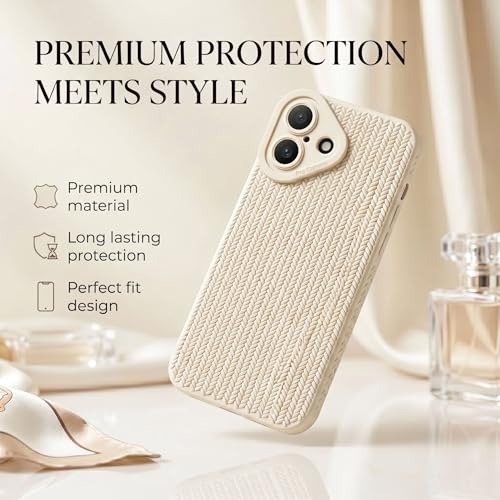 Image of amazon basics Luxury 3D Knitted Texture Soft Silicone Back Cover for iPhone 17 | Slim Fit Shockproof Case with Camera Protection & Non-Slip Grip - Cream