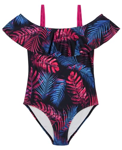 Calvin Klein Girls' One-Piece and Two-Piece Bikini Swimsuits with UPF 50+ Sun Protection, Quick Drying Bathing Suit, Dark Tropical Palm, 12-14