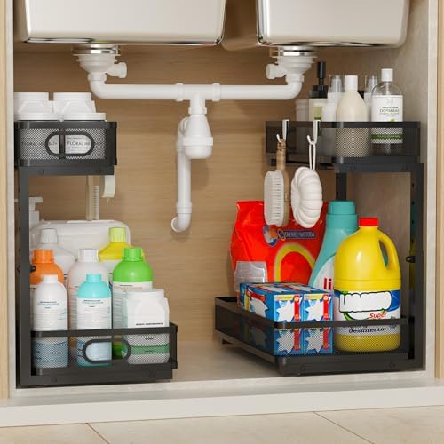 JATBFCC Under Sink Organizer 2 Pack, 2-Tier Slide Out Cabinet Org...