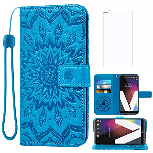Asuwish Phone Case for LG V20 Wallet Cases with Tempered Glass Screen Protector and Sunflower Leather Slim Flip Cover Credit ID Card Holder Stand Cell Accessories LGV20 LG20 V 20 Women Men Blue