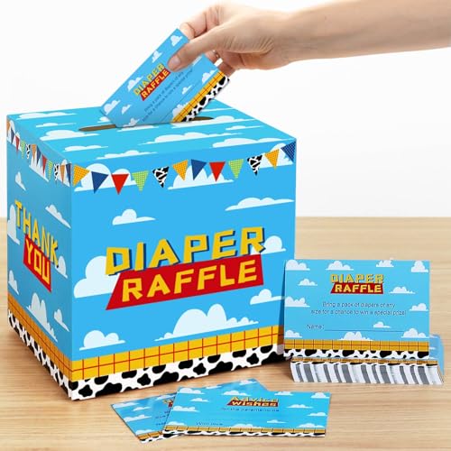 Image of Heboland Boy Story Baby Shower Decorations Diaper Raffle Box with 50 Tickets Cards,It's A Boy Story Baby Shower Theme Game