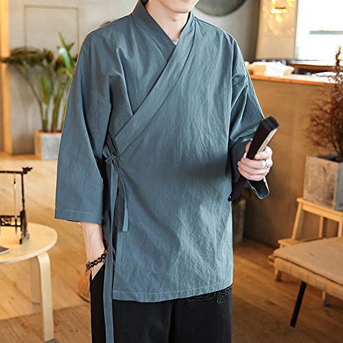 Image of Men's Chinese Style Linen Cardigan Jacket loose kimono Jacket Solid Color Self-tie Hanfu Traditional Clothing