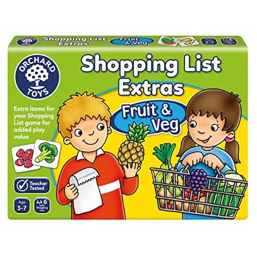 The title needs to say: Orchard Toys inköpslista spel "Shopping List": Ännu fler frukter och grönsaker – engelska språk