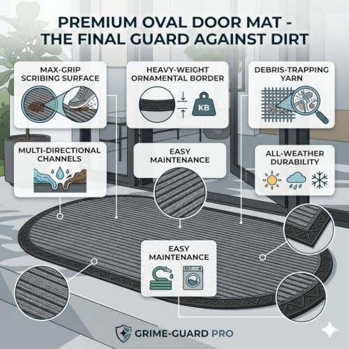Image of Heavy Duty Front Door Mat 45 x 75 cm, Outdoor Indoor Welcome Mat, Non Slip Dirt Trapper Entrance Rug for Entryway, Patio & Porch,Washable Low Profile Foot Mat (Grey Oval 2 x 3.5 feet)