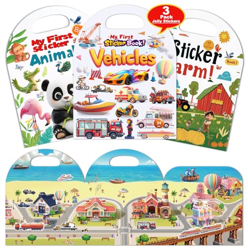 3-Pack Reusable Sticker Books for Toddlers 2-4 Years, Vehicles Truck, Animals &…