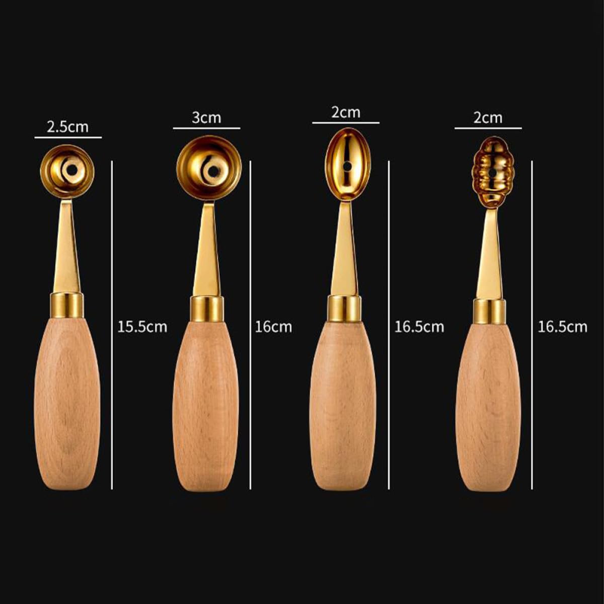 Hacer Bolas de Melón Juego de 4 Cucharas Redondas Fáciles de Usar de Acero Inoxidable y Madera Ideales para Postres Decorativos en Casa