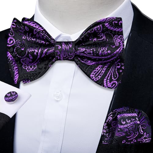Image of DiBanGu Men Bow Tie Paisley Striped Self-Bow Tie for Men and Silk Woven Bowtie Pocket Square Cufflinks Wedding Party