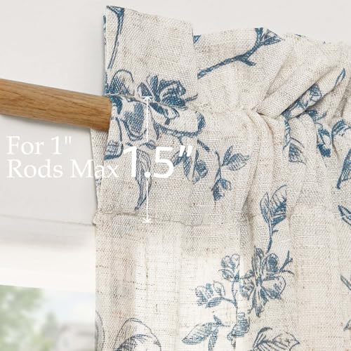 Image of jinchan Floral French Door Curtain Panel Farmhouse Decor Light Filtering Linen with Tie Up Bow for Glass Door or Patio 40 Inch Length Rod Pocket 1 Panel Blue on Linen
