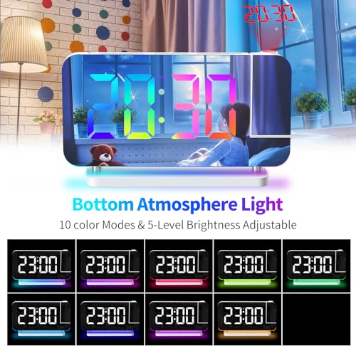 ThreeH Projection Alarm Clock LED RGB Colorful Clock with Mirror Surface Display Auto Dimming Voleme Adjustable Dual USB Charging Ports Night Light White - Image 2